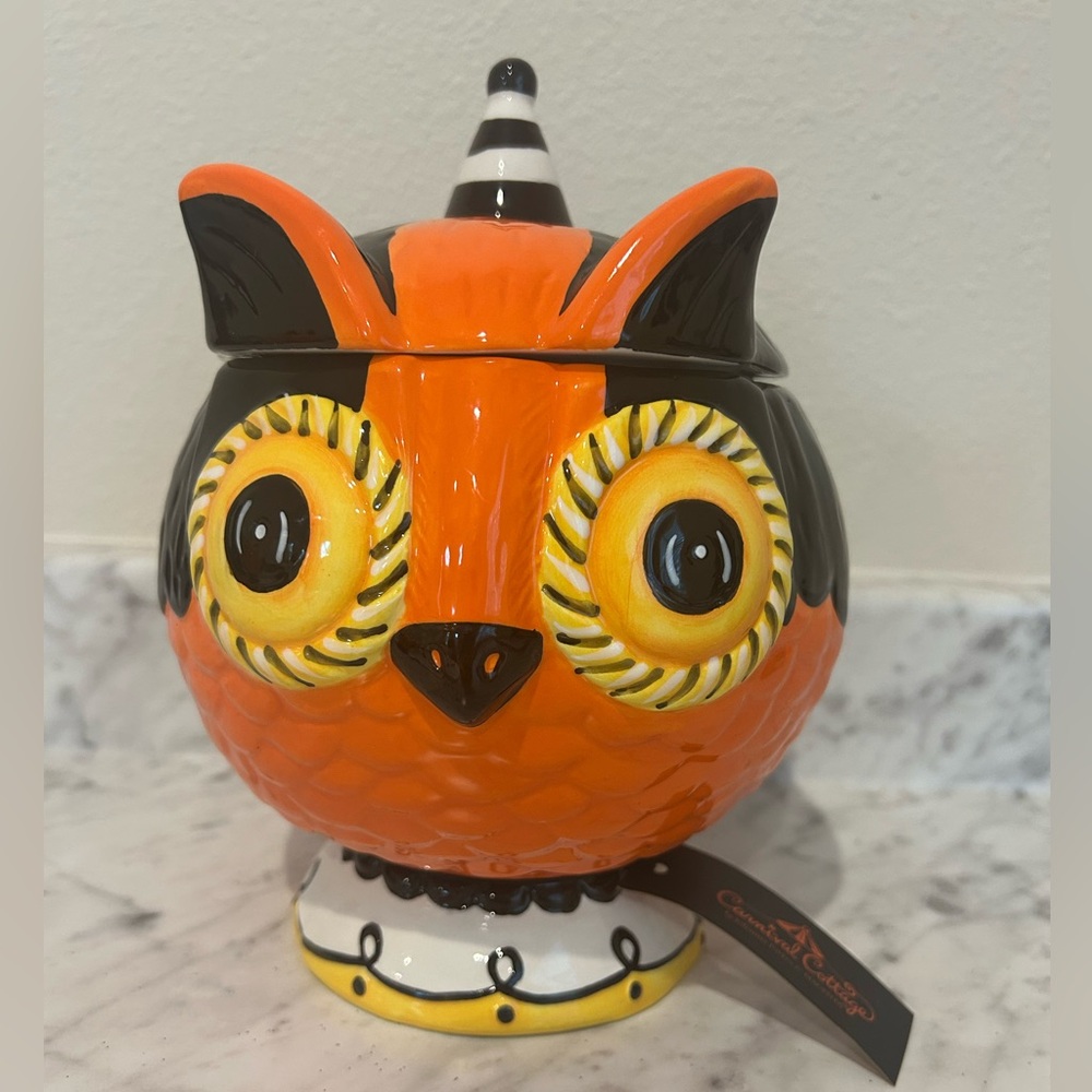 Johanna Parker & Magenta Carnival Cottage Halloween Owl Cookie Jar Canister NEW